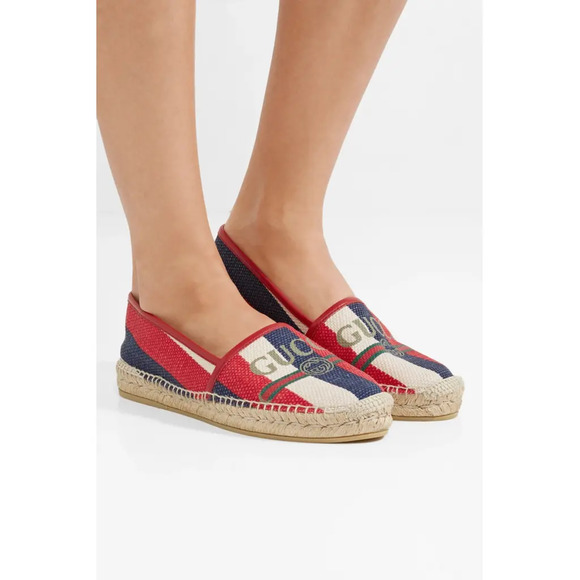 Gucci Sylvie Canvas Leather Red White Blue Logo Stripe Flat Espadrille 34.5 - Picture 3 of 11